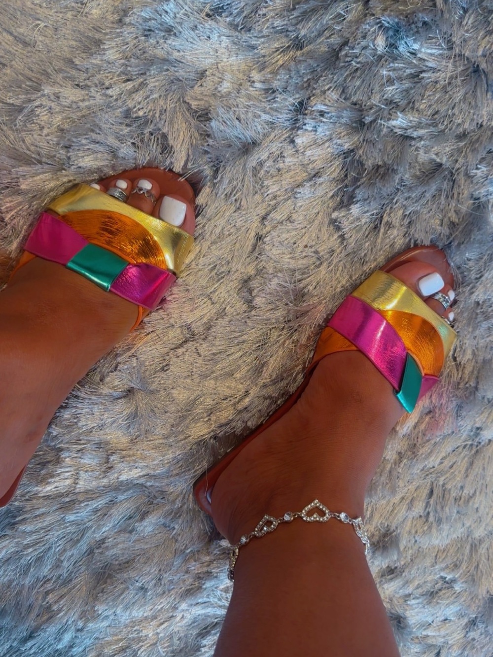 Zara Multicolor Metallic Woven Slide Sandals β Gold, Pink, Teal, Orange